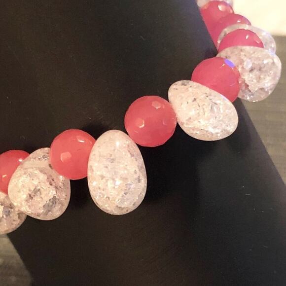 Pink Jade & Clear Crystal Handmade Beaded Ankle Bracelet - Picture 2 of 8